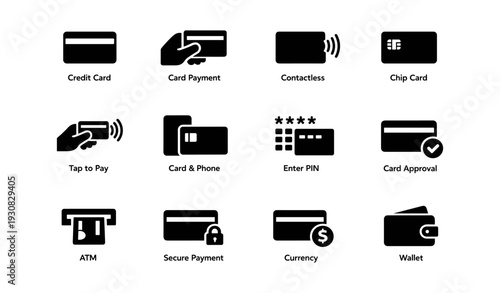 Payment method icons: credit, contactless, atm, wallet, security