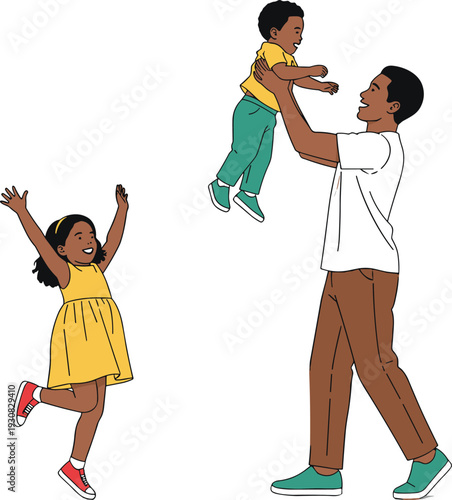 Family bonding illustration, father joyfully lifting child while another jumps playfully, caregiving and happiness theme - flat vector illustration