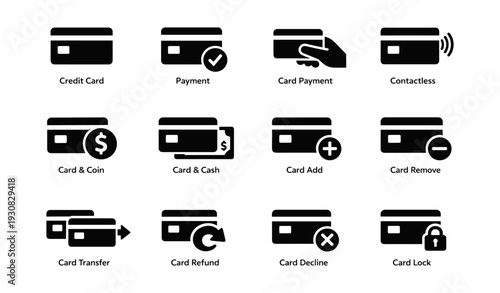 Credit card icons for payment: contactless, cash, transactions, add, remove, decline