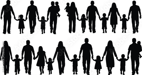 Family silhouette illustration set, adults and children holding hands in diverse group compositions symbolizing unity and connection theme - flat vector illustration
