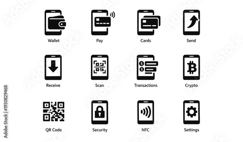 Mobile payment and banking icons for digital transactions and security