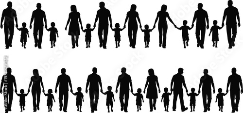 Family walking silhouette illustration set, adults and children holding hands in diverse group compositions symbolizing unity and togetherness theme - flat vector illustration