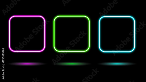 Gradient neon square frames set. Glowing borders isolated on a dark background.