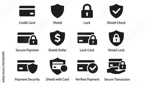 Secure payment icons: credit card, shield, lock, secure transaction symbols