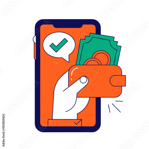 A hand holding a wallet with cash and a phone