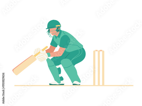 Cricket Player in Green Uniform Batting with Helmet and Bat on Field