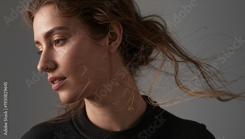 Model Poses With Flowing Hair in a Studio Setting During a Photoshoot