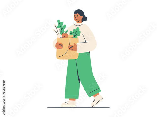 Woman carrying bag with fresh green plants and vegetables, smiling and walking alone