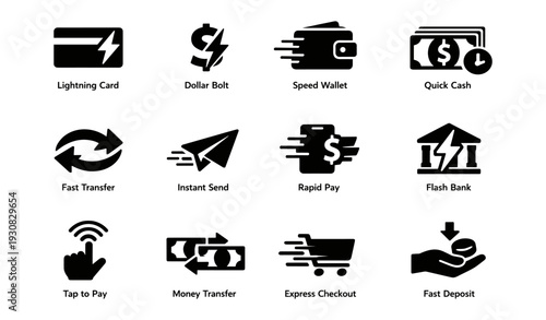 Financial icon set: lightning card, speed wallet, quick cash, fast transfer, flash bank