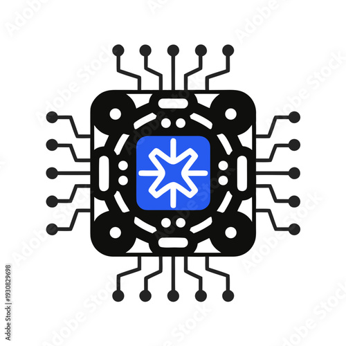 A blue and black microchip with a white star on a white background