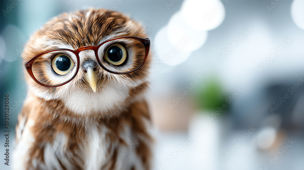 Fototapeta premium A cute, intelligent owl wearing glasses, showcasing a whimsical and charming look in a soft blurred background.
