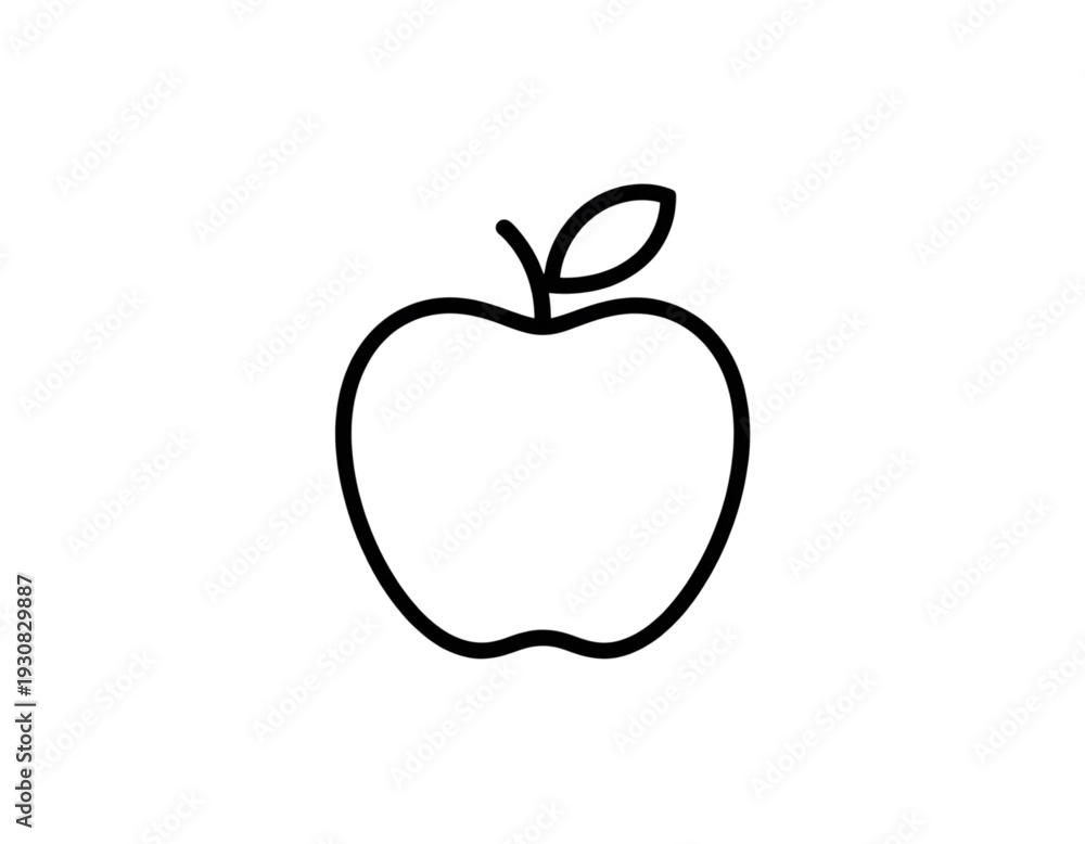 Fototapeta premium Simple line drawing of a classic apple with a leafy stem isolated on transparent background