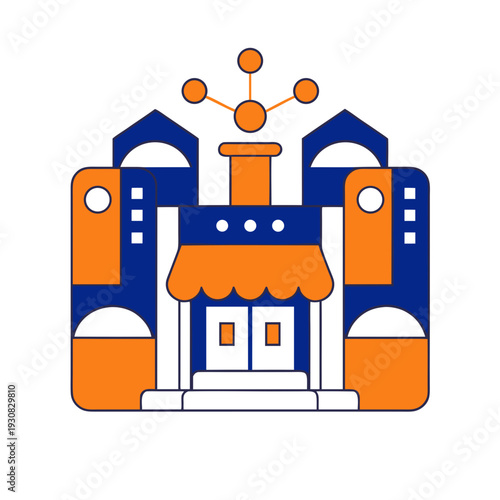 A blue and orange building with an awning and a chimney