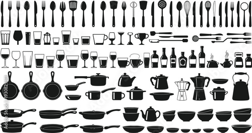Kitchen utensil silhouette illustration set, cookware, cutlery, drinkware and containers in organized rows, culinary and cooking theme - flat vector illustration