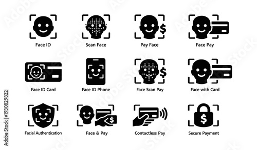 Facial recognition payment icons: secure face id and contactless pay technology