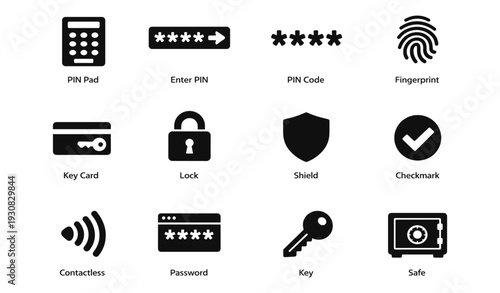 Security icons: pin, fingerprint, key card, lock, contactless, safe