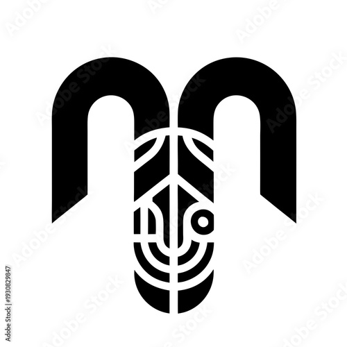 A black and white logo of a rams head with curved horns