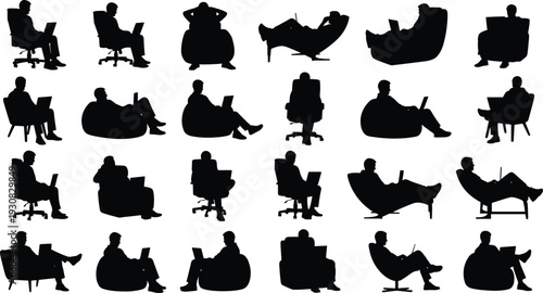 Laptop user silhouette illustration set, seated individuals in chairs, bean bags and recliners working in ergonomic positions theme - flat vector illustration