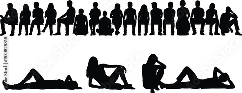 People silhouette collection, men women sitting and reclining poses, waiting resting relaxed body positions, lifestyle emotion concepts, black vector icons
