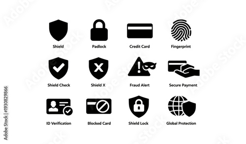 Security icons: shield padlock fingerprint credit card fraud alert secure payment