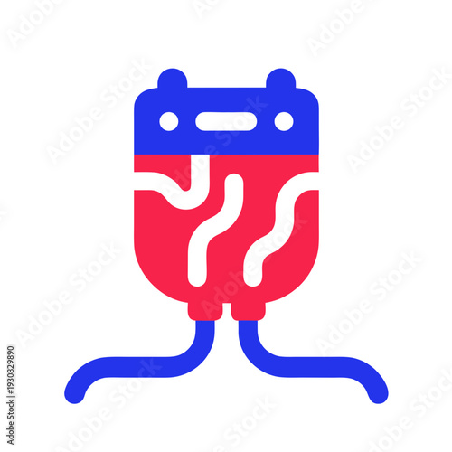 A red and blue icon of an iv bag with tubes