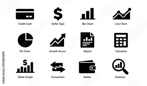 Finance and business icons set featuring charts, credit card, and wallet