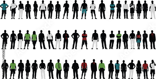 People silhouettes collection, diverse men and women standing poses, business and casual clothing, black vector illustration, crowd characters isolated on white