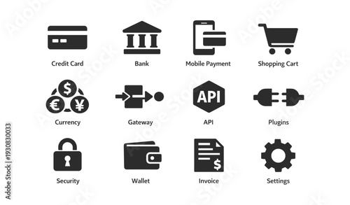 Financial icon set: credit card, bank, mobile payment, shopping cart, currency, security
