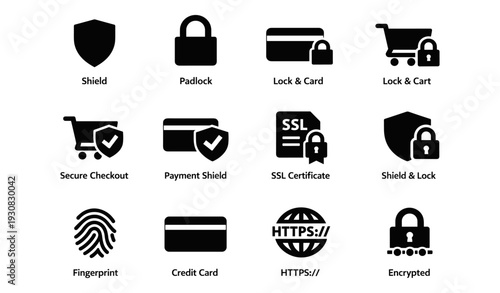 Black security and payment icons set: shield, lock, cart, ssl, fingerprint