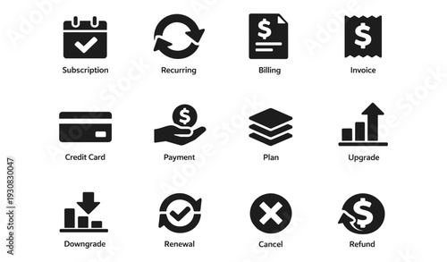 Subscription and payment icons: recurring, billing, invoice, upgrade, downgrade