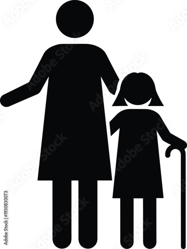 Parent and child silhouette vector illustration, family relationship symbol representing care, support, and generational connection - flat vector illustration