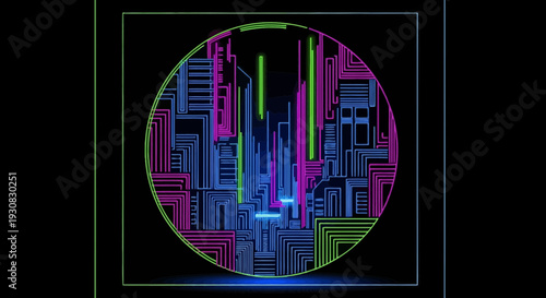 Neon cityscape structures form an intricate geometric pattern within a circular frame against a dark background.