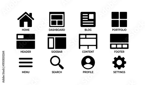 Web design icons set: home, dashboard, blog, portfolio, header, sidebar, content, footer, menu, search, profile, settings