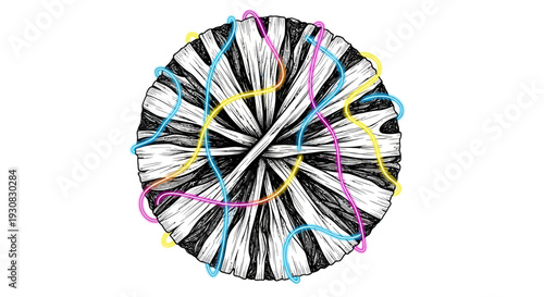 Ball of yarn features intertwined colorful threads wrapped around a monochrome textured circular core.