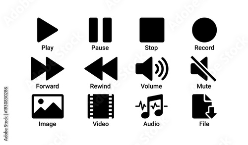 Multimedia control icons: play, pause, stop, record, volume, mute, audio, video, file