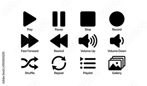Audio control icons: play, pause, stop, record, shuffle, repeat, playlist, gallery