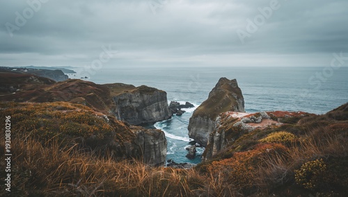 Coastline View With Cliffs and Ocean Waves During Cloudy Weather in the After...
