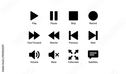 Media control icons set: play, pause, stop, record, forward, rewind, volume, mute, fullscreen, subtitles