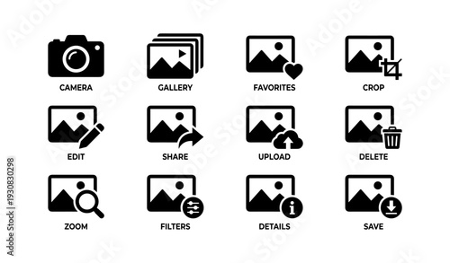 Camera and photo editing icons with labels in black and white