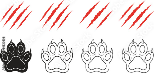 Animal paw prints and claw scratch marks set with bear or cat footprint outline vector illustration collection