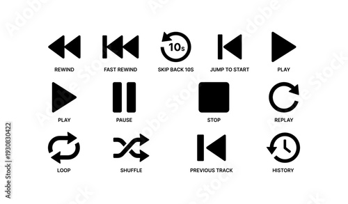 Media control icons set: rewind, play, pause, stop, shuffle, loop, replay, history