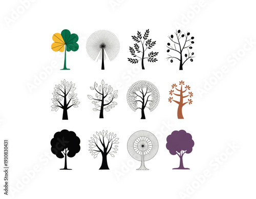 Assorted whimsical trees with unique and colorful foliage designs isolated on transparent background