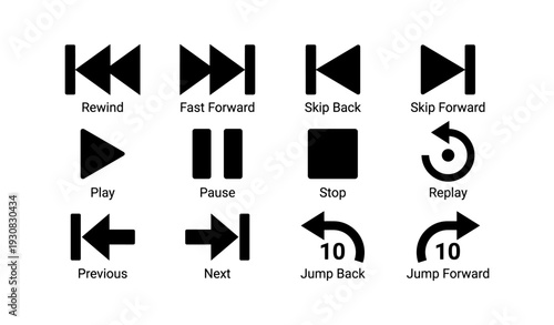 Media control icons: play, pause, stop, rewind, fast forward, replay, skip, jump