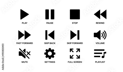 Media control icons set: play, pause, stop, rewind, fast forward, volume, mute, settings