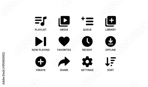 Music app icons: playlist, media, queue, library, favorites, settings, share, sort