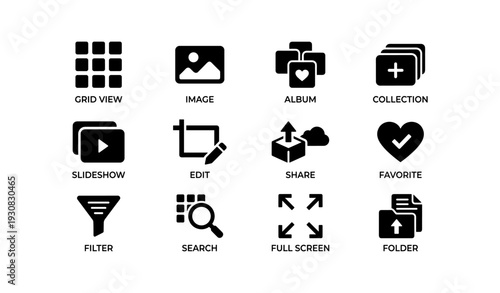 Digital media icons set featuring grid view, image, album, slideshow, share, filter