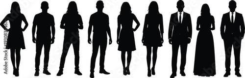People silhouettes collection, standing men and women poses, black vector illustration of professional, casual, and formal human figures