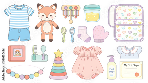 Set of 15 Pastel-Colored Cartoon Baby Items Including Stickers, Clothes, Toys, Accessories, and Themed Collectibles Arranged on Surface