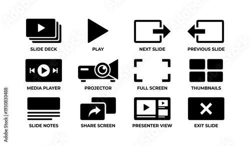 Icons set: slide deck, projector, media player, thumbnails, exit slide