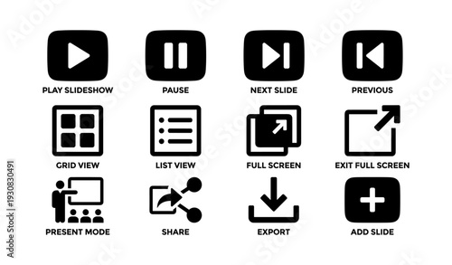 Black and white presentation icons collection for slideshow and media controls